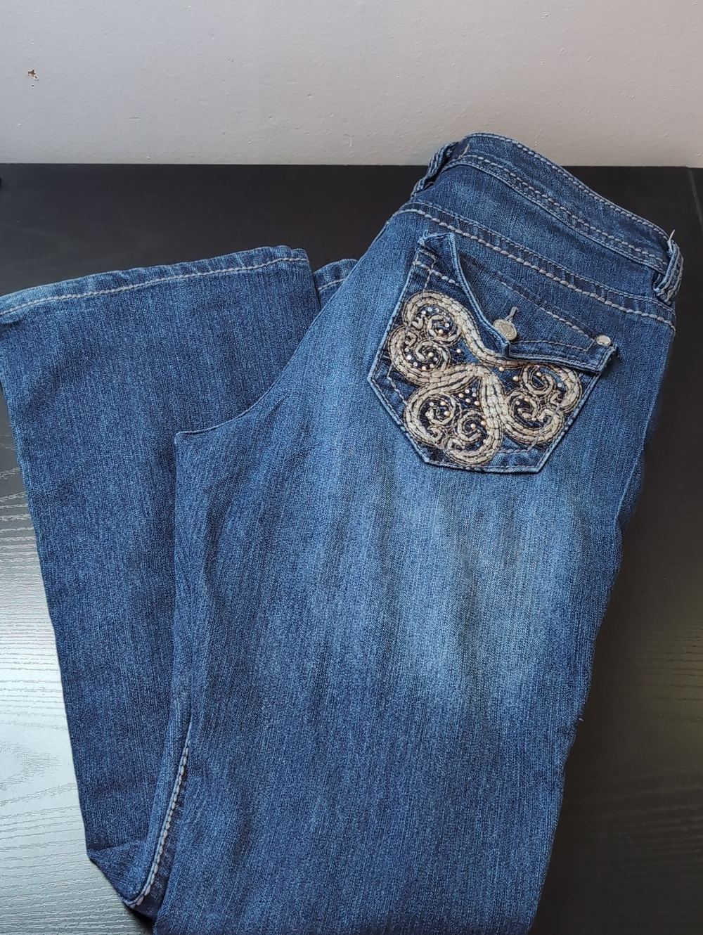 Nine West Vintage America Ramses Bootcut Denim Jeans Flat Pocket Rhinestones 8
